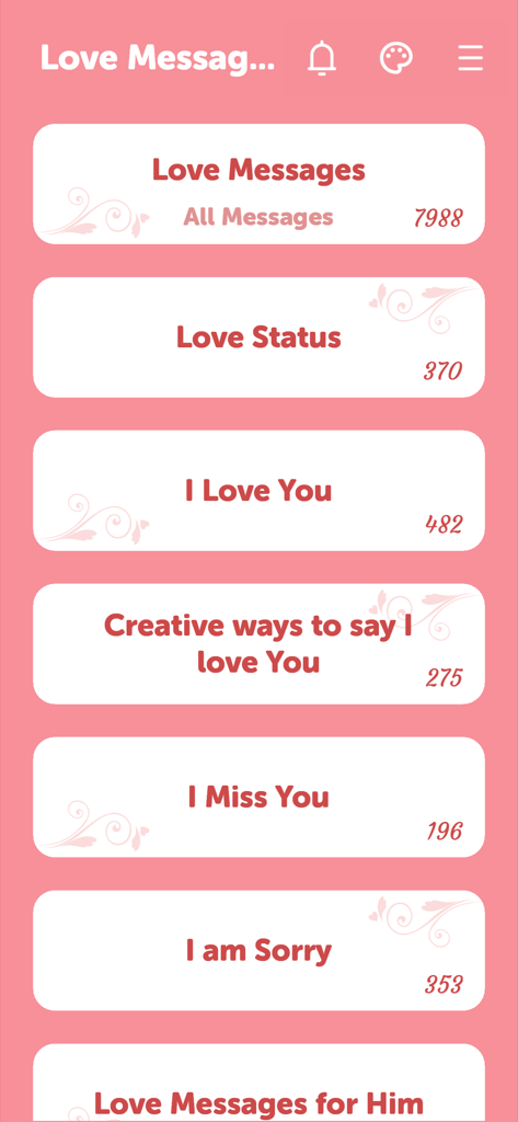 Love Messages - Quotes - Screenshot of the Love Messages and Quotes app main menu displaying categories like Love Status and I Miss You with a romantic pink pastel design