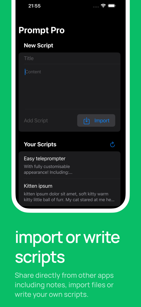 Prompt Pro: Easy Teleprompter - Interface do aplicativo Prompt Pro mostrando opções para importar ou escrever roteiros de teleprompter.