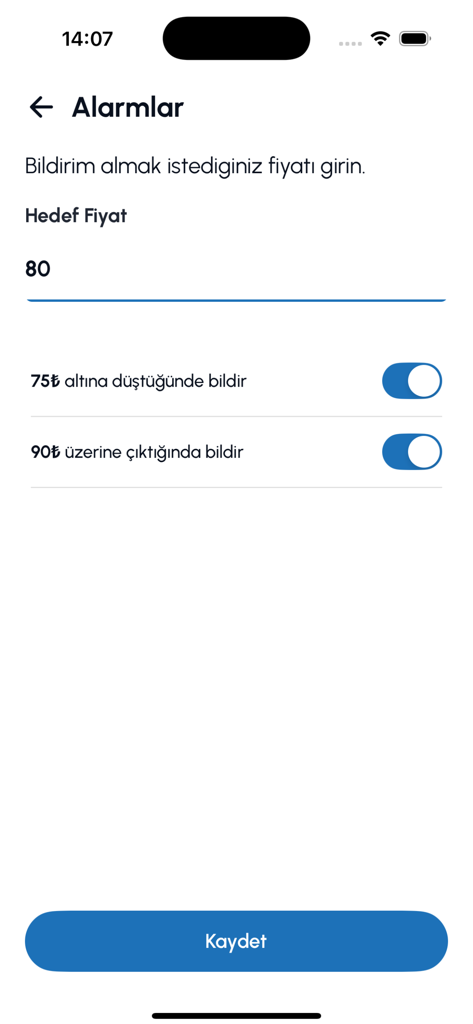 Écran de configuration des alertes de prix de l'application MT Trade montrant la saisie du prix cible et les interrupteurs de notification
