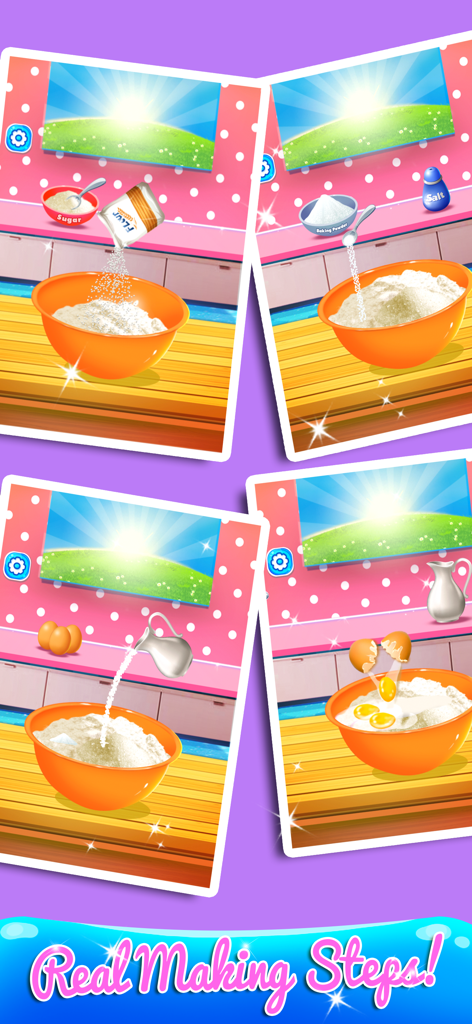 Cake Maker Game - Four panels showing the steps of baking a cake including adding flour, milk, and eggs into a bowl