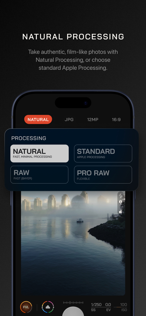 Moment Pro Camera II interface showing natural and RAW photo processing options.