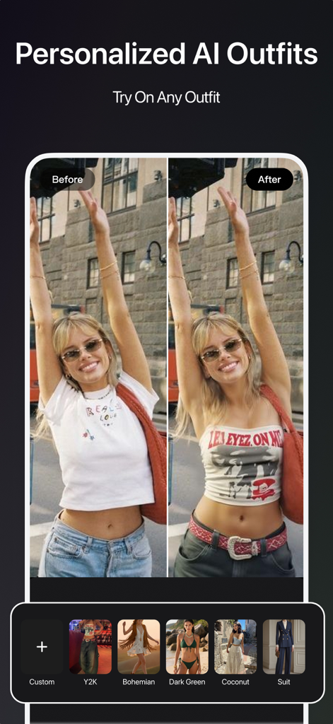 Before and after comparison of a woman using PicWiz AI to swap her t-shirt for a Y2K style outfit
