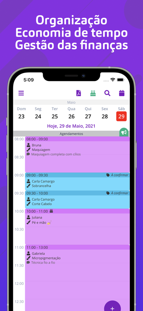 Interface de calendrier quotidien d'une application mobile montrant les rendez-vous programmés pour un professionnel de la beauté