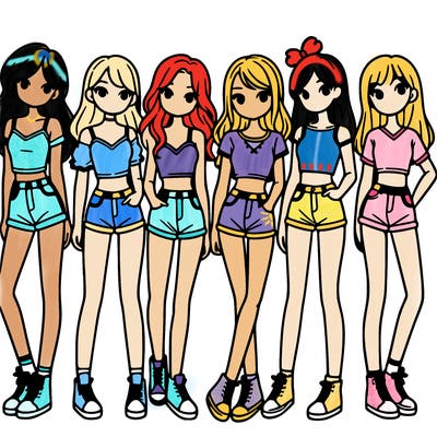 a group of girls wearing crop tops and shorts