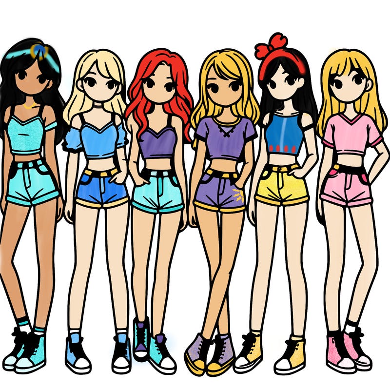 a group of girls wearing crop tops and shorts