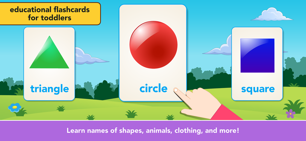 Toddler Games For 2 Year Olds. - Educational flashcards for toddlers showing colorful shapes including a green triangle red circle and blue square