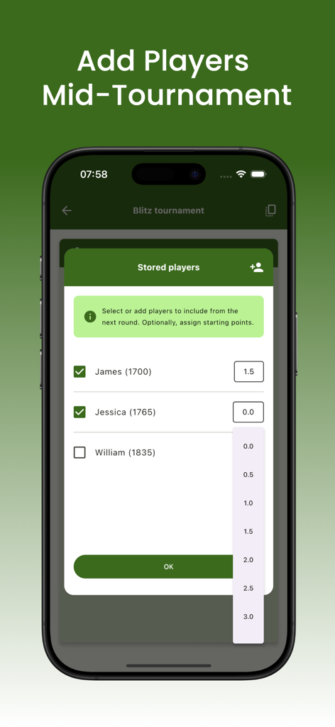 Chess Tournament Manager Pro - Pantalla para agregar jugadores a mitad del torneo y asignar puntos de partida en Chess Tournament Manager Pro.