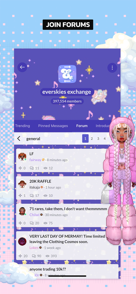 A screenshot of the Everskies app forum interface showing community posts and a pink dressed avatar
