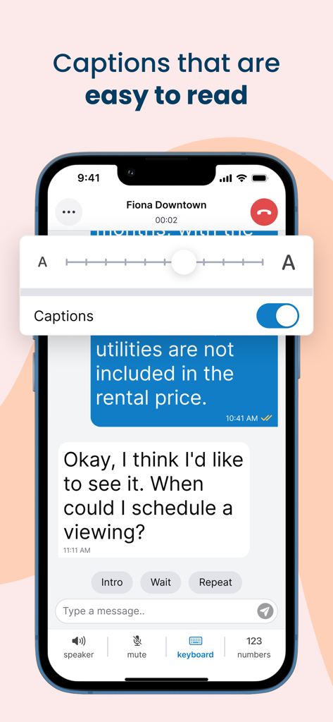 Nagish: Caption Your Calls - Nagish app interface showing a call with real-time text captions and a font size adjustment slider