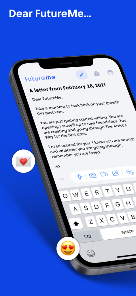 Écran de smartphone montrant une lettre réflexive à l'avenir dans l'interface de l'application FutureMe.