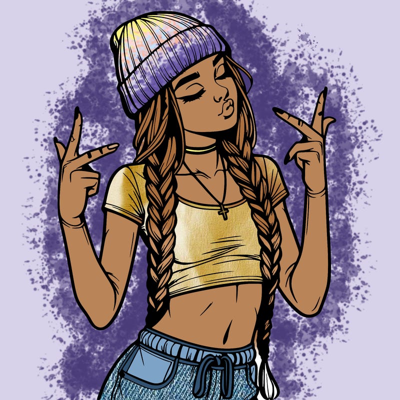 realistic teenage girl with braids and a beanie and crop top doing 🫶🏼