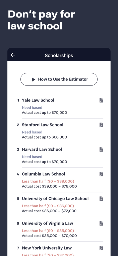 LSAT Demon - LSAT Demon app screen showing a scholarship estimator tool with a list of law schools and their estimated tuition costs.