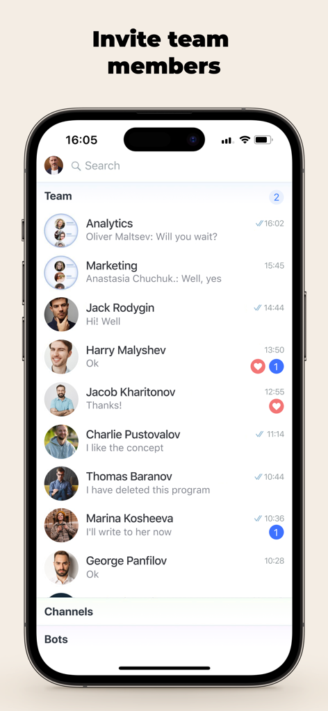 amo | team messenger - Eine Smartphone-Oberfläche des amo team messengers, die eine Team-Chat-Liste mit Profilen und Nachrichten anzeigt.