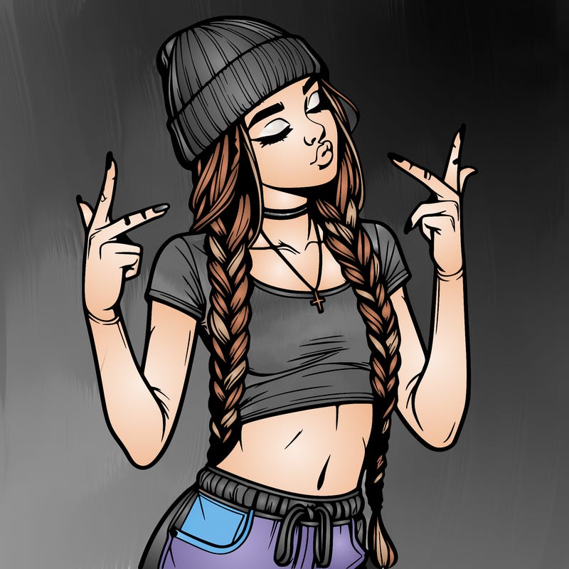 realistic teenage girl with braids and a beanie and crop top doing 🫶🏼