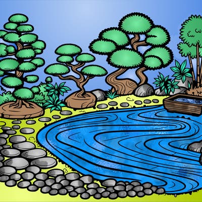 a serene zen garden with raked gravel, bonsai trees, and tranquil ponds