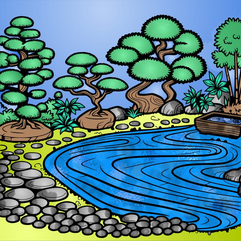 a serene zen garden with raked gravel, bonsai trees, and tranquil ponds