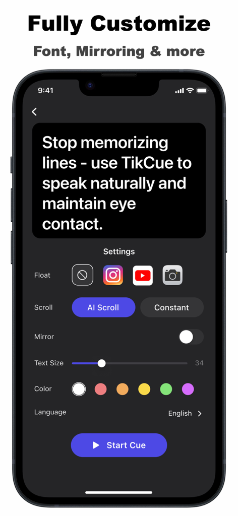 Teleprompter TikCue - TikCue app screen showing teleprompter customization settings for font size color and AI scroll