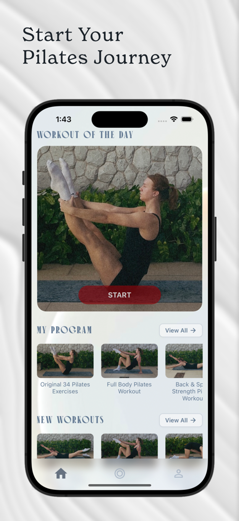 Flexy: Pilates & Home Workout - Interfaz de la aplicación Flexy que muestra varios entrenamientos de Pilates en casa y programas de entrenamiento diario.