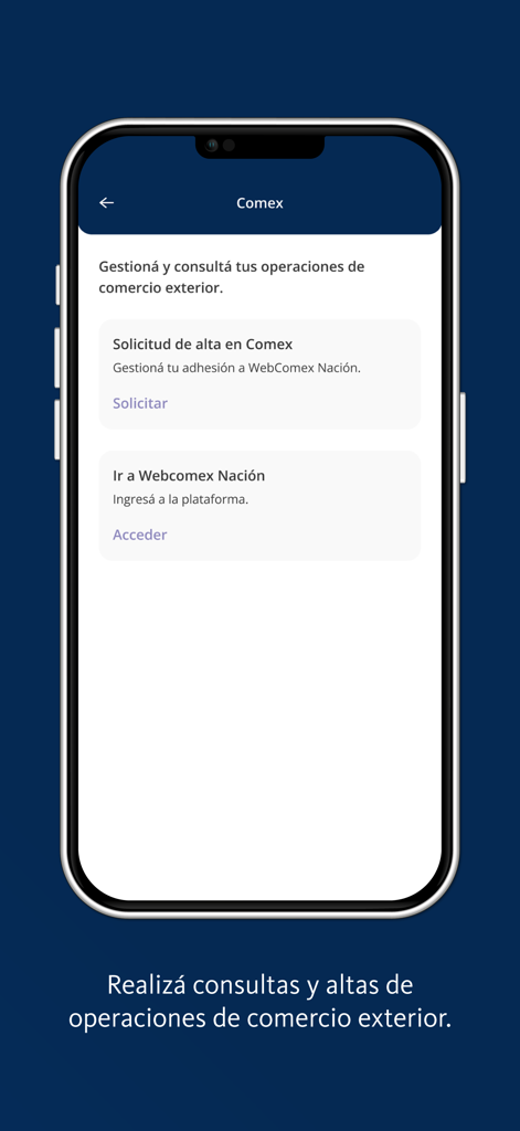 Pantalla de la aplicación móvil BNA plus Empresas que muestra opciones para gestionar operaciones de comercio exterior y comercio internacional