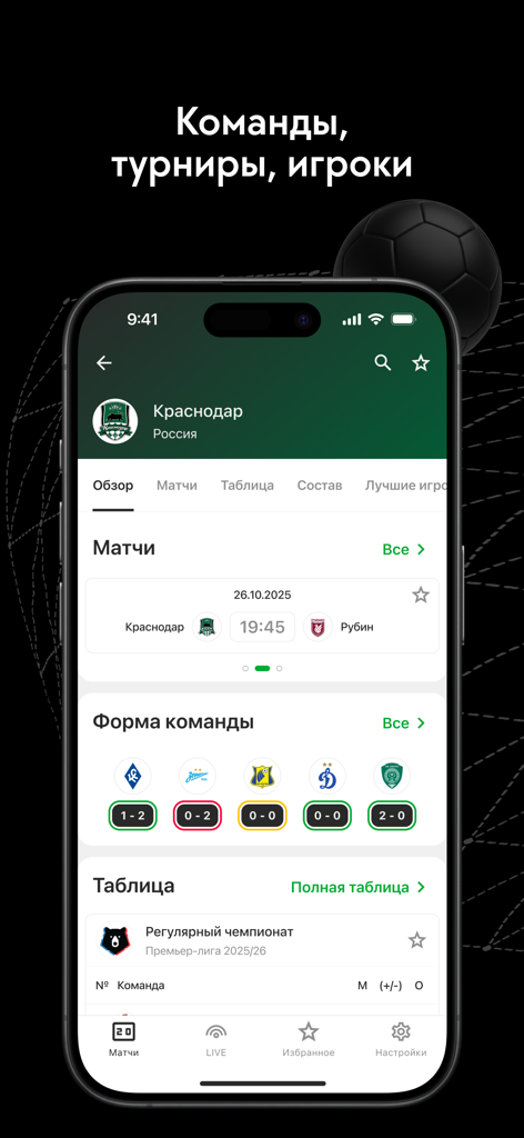 ГОЛ - результаты матчей онлайн - Football team profile page on GOAL app showing matches and team statistics for FC Krasnodar
