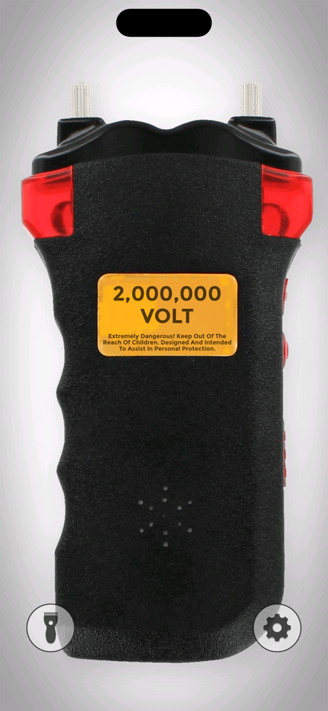 Eine realistische elektrische Taser-Simulator-Oberfläche aus der Haarschneider-Streich-App mit einem 2-Millionen-Volt-Label.