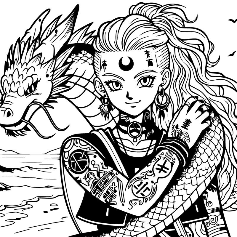 dbz anime beautiful punk woman, long light hair with crescent moon tattoo on forehead and rune tattoos down body, hugging huge water dragon pet on the beach