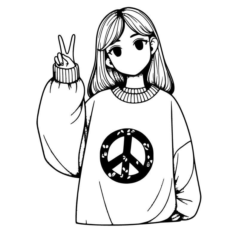 a girl in a oversized sweatshirt with a peace sign realistic