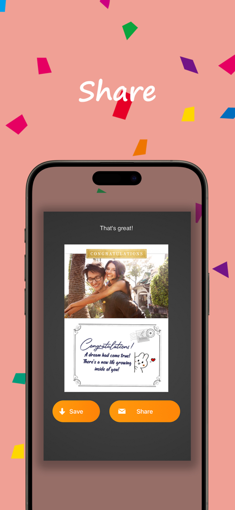 Pencil Greeting:Invites&eCards - A smartphone screen showing a personalized digital congratulations card with a photo and handwritten text ready to be shared