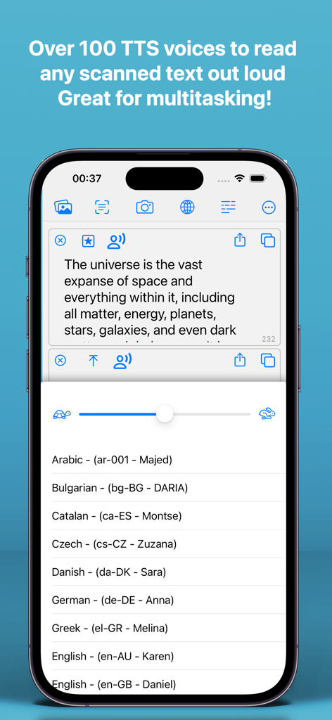 iPhone screen of the TLDR app showing text to speech feature with a list of global voices and speed adjustment for multitasking