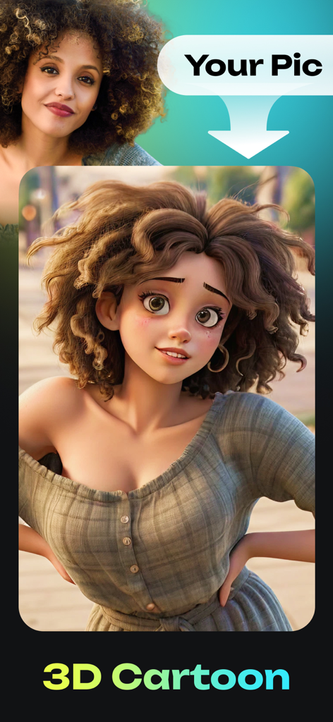 Make me Old : Old Aging Face - A comparison showing a real photo of a woman and its transformation into a 3D cartoon character using the app filter