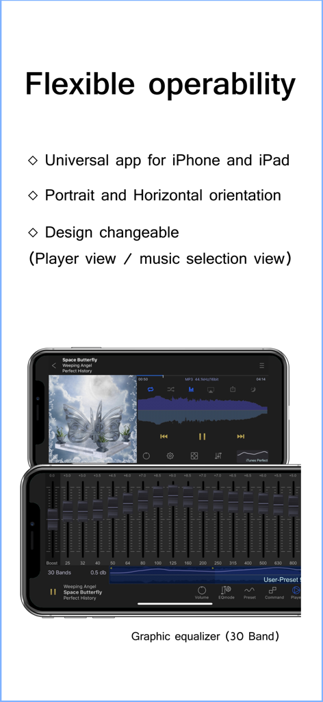 KaiserTone Audio Player +HiRes - KaiserTone app interface on iPhone showing landscape player and 30 band graphic equalizer