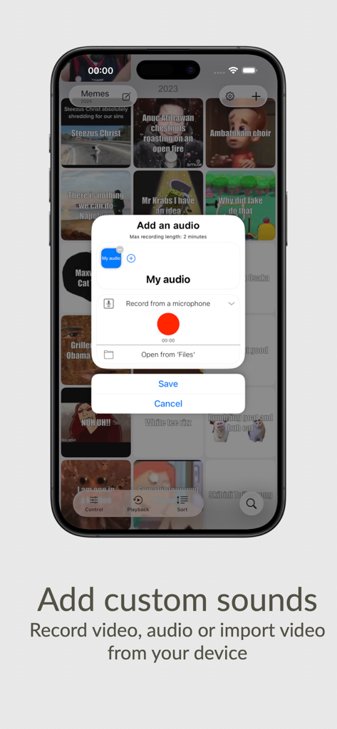 Pantalla de la aplicación Meme Soundboard mostrando la función para grabar y añadir archivos de audio personalizados