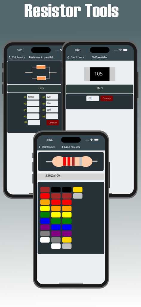Electrocalc - electronics App - Electrocalc app screens showing parallel resistor SMD code and color band calculators