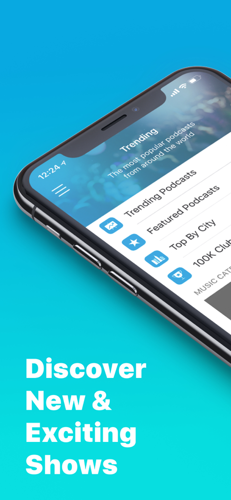 Pantalla de descubrimiento de podcasts de Podomatic mostrando podcasts populares y opciones de descubrimiento basadas en ciudades en un iPhone