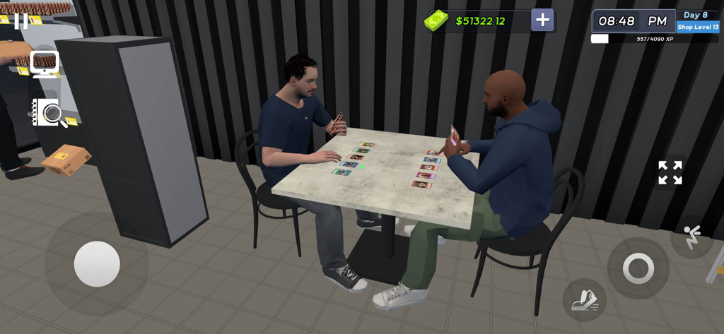 TCG Card Trade Manager - Duas pessoas jogando um jogo de cartas em uma mesa dentro de uma simulação de loja de cartas.