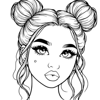 realistic girl with two buns on her hair and lips
