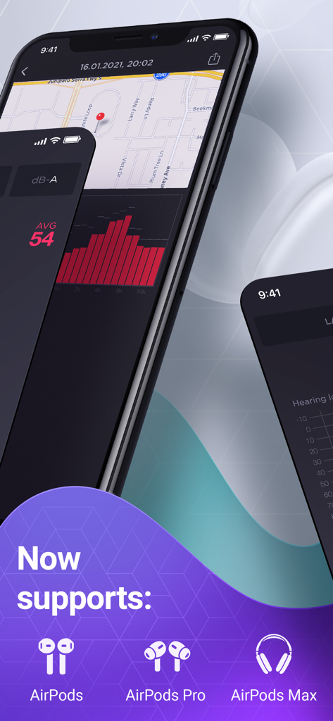 Decibel : dB sound level meter - Interface de l'application Decibel Meter affichant des données de mesure sonore et la prise en charge des AirPods, AirPods Pro et AirPods Max.