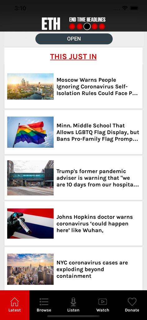 End Time Headlines - Screenshot of the End Time Headlines app displaying a feed of aggregated news headlines about global events and health.