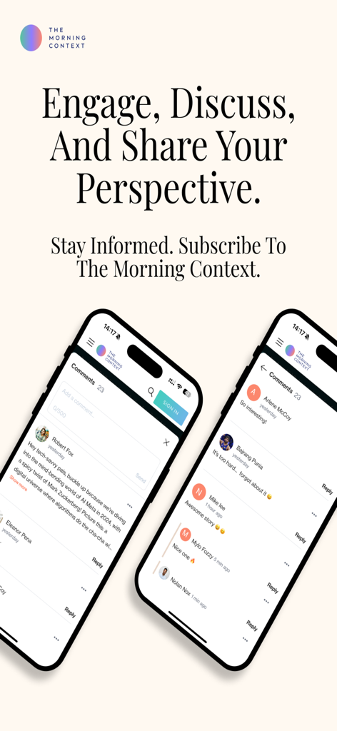 Screenshots of The Morning Context app highlighting the user comment section and community discussions.
