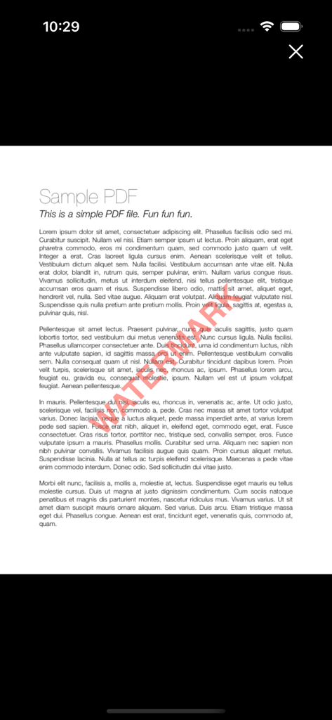 Add Watermark to PDF - Un esempio di documento PDF che mostra un testo di filigrana diagonale rosso sovrapposto per protezione.