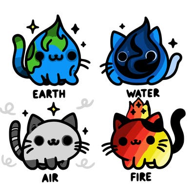 4 cats that represent the different elements, earth, water, air, and fire