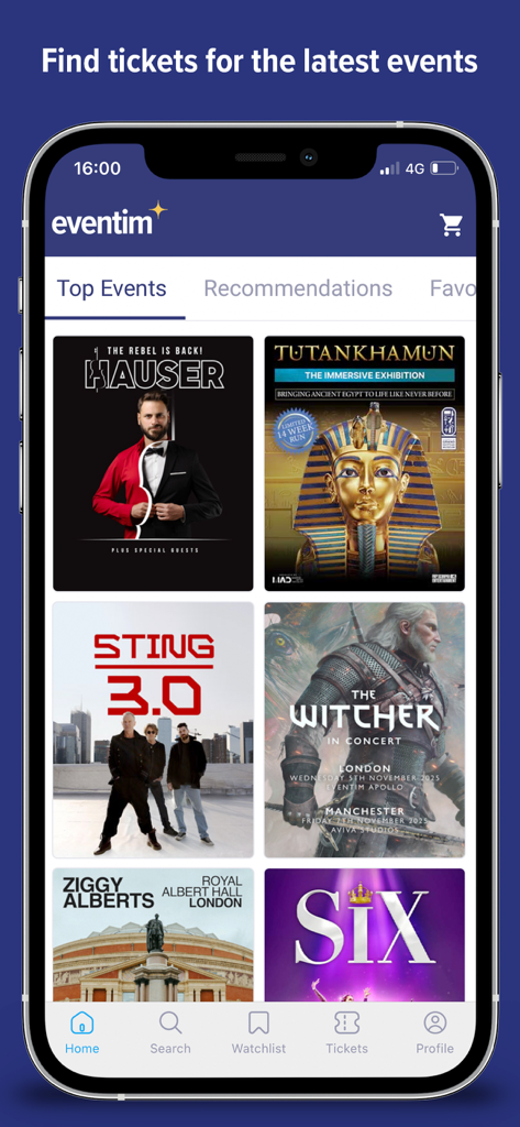 EVENTIM UK | Event Tickets - Home screen of the Eventim UK app displaying available event tickets