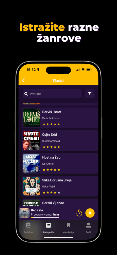 Storia audio knjige (by Sluš) - Storiaアプリのスクリーンショット。セルビア語の古典オーディオブックのリストが表示されています。