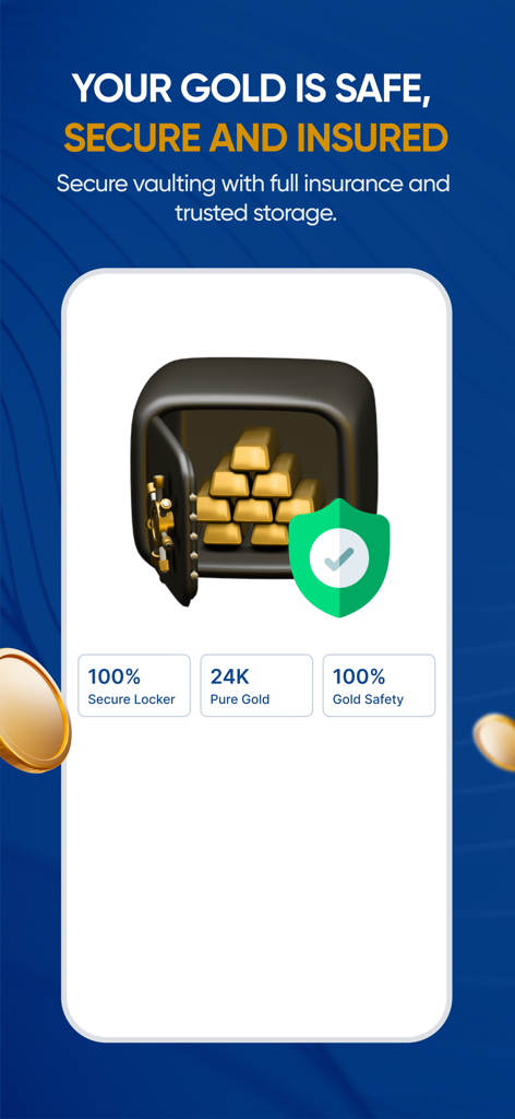 A marketing screen for Just Gold showing an open vault with gold bars and icons for secure locker and 24K pure gold safety.