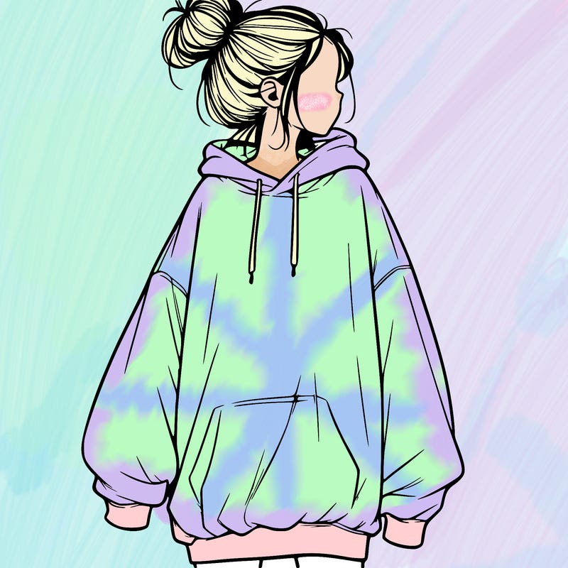 realistic girl with a oversized sweatshirt on and a bun