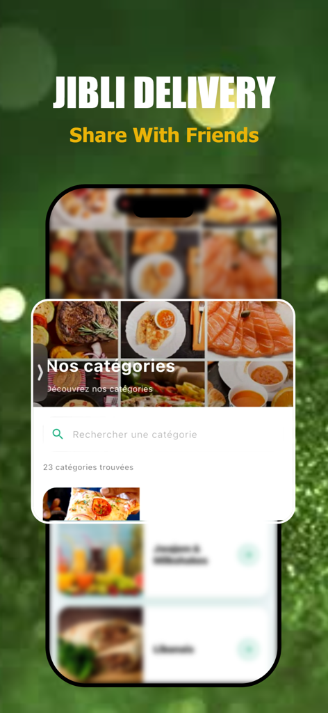 Jibli Delivery - Jibli Delivery mobile app interface showing various food categories and a search bar