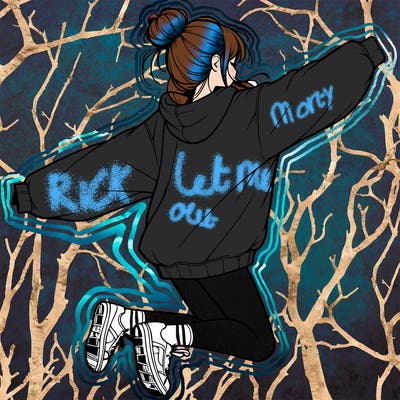 realistic girl jumping with a bun and oversized sweatshirt