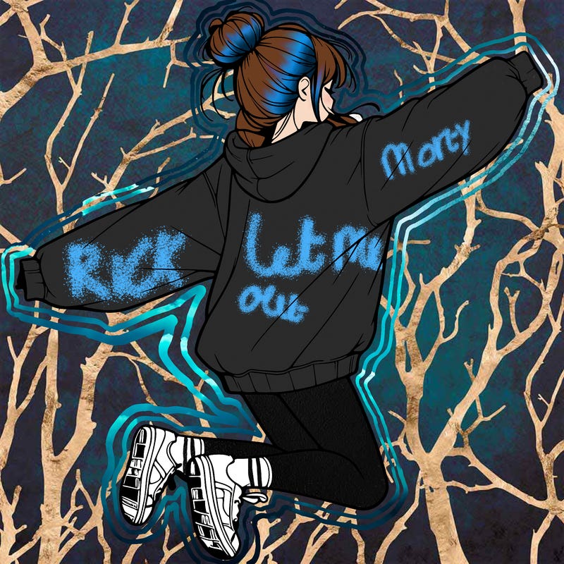 realistic girl jumping with a bun and oversized sweatshirt