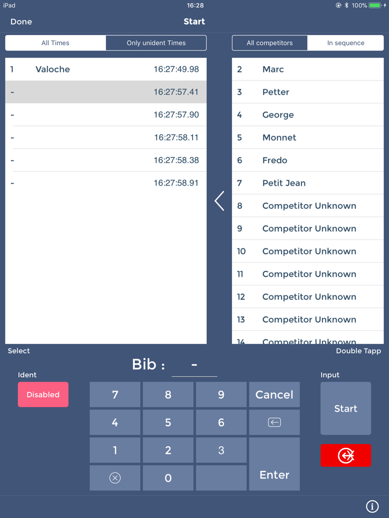 FDS Smart Chrono - Interface of the FDS Smart Chrono iPad app showing the race start screen with timing data and a competitor list