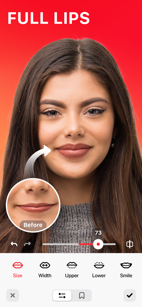 Body Tune app interface showing full lips editing feature with before and after comparison